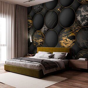 3D Gold and Black Brushed Metallic Orbs Wallpaper